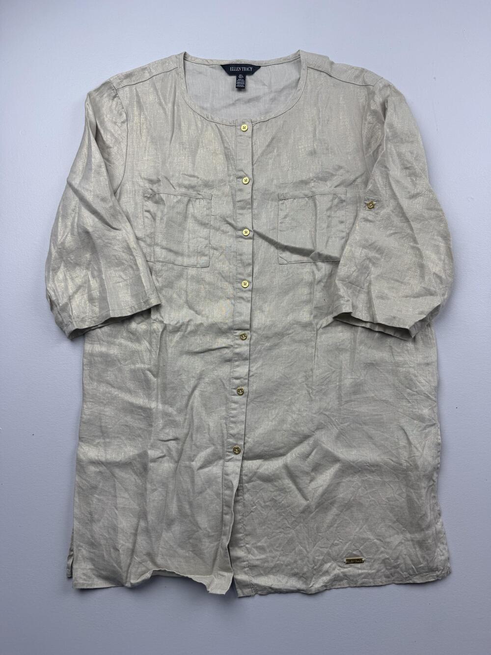 Ellen Tracy Button Up Shirt Womens L Beige Round Neck 3/4 Sleeve Linen Tunic Top